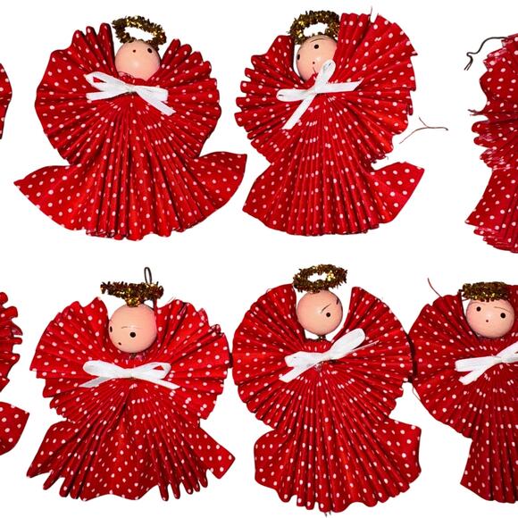 Vintage Red Polka Dot Angel Ornaments – Set of 8 Handmade Angels - Picture 5 of 9